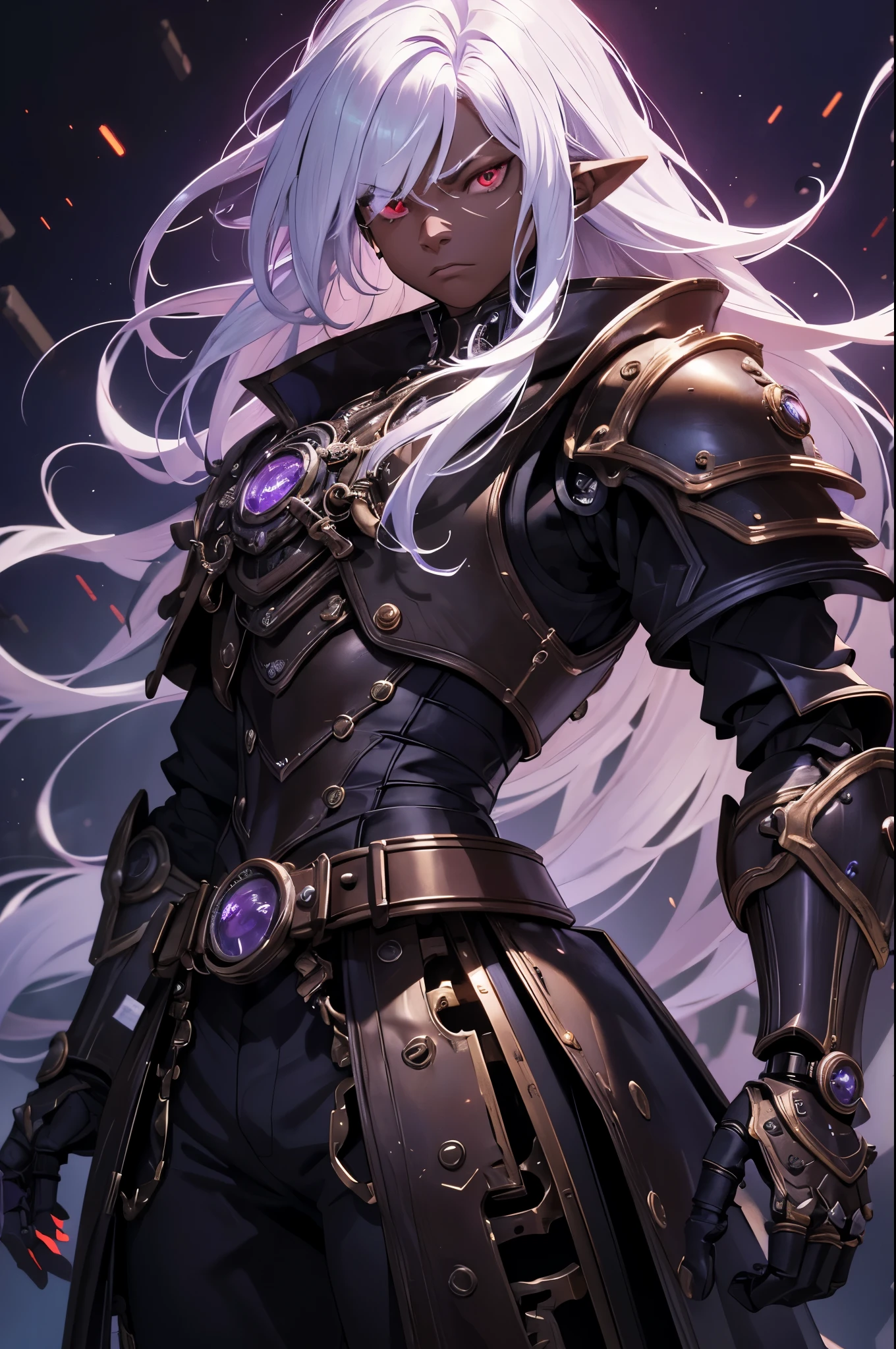 masterpiece, best quality, ultra high res, dark theme, 1boy, ((mechanical armor)), (steampunk), (dungeonpunk) (serious), dark skinned, human, upper body, portrait, red eyes, long white hair, Xemnas from Kingdom Hearts, half-drow, pointy ears, serious face, dramatic lighting, purple hue, art by Kinema Citrus
