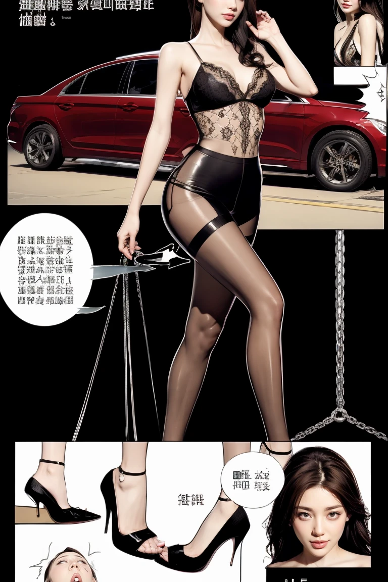 The beautiful girl in lace top and leggings is sitting astride a pile of skeletons in the center of the picture. She is holding a trembling sausage with juice squeezed out in her hand and smiling. There are multiple comic storyboards in the background，cbt, sausage ,sausage insertion,, trampling sausage with high heels heel,(masterpiece, best quality:1.2)，1 beautiful girl,，comic storyboard:2, leggings, sit astride, axially symmetrical:2, ,，sounding，cbt，hold，smile，colorful，leggings，thin gap，，insertion，trembling，juice，spray， Long hair,Lace top,, Shiny leggings, High heel，cleveage, trampling, in forest, saliva , Mucus，