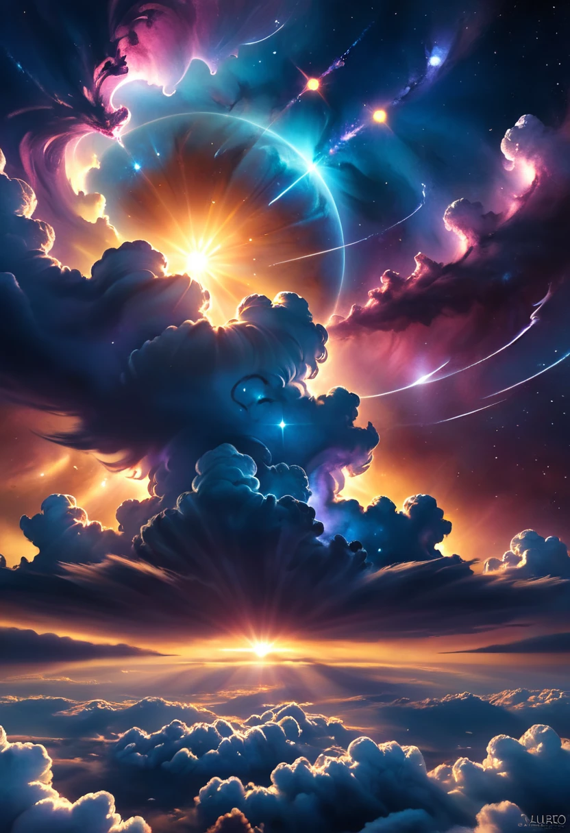 dark cloudy sky, realistic, photorealistic, ultra-detailed, highly detailed, 8k, dramatic lighting, cinematic, intricate celestial nebula clouds, glowing golden sunlight piercing through dark cloudy atmosphere, detailed cosmic dust and stars, dramatic volumetric lighting, chiaroscuro lighting, realistic galaxy textures, epic cosmic landscape, cinematic composition, award winning photography