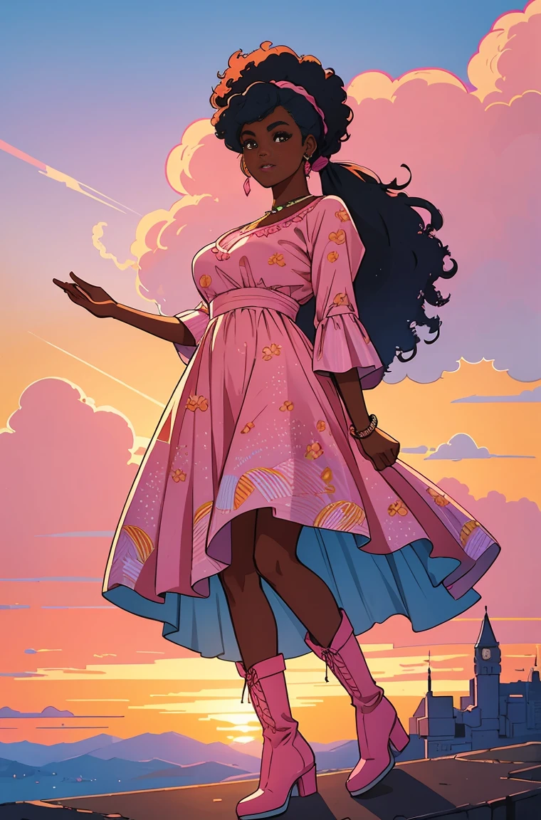 (best quality:1.1),original,1girl,chic,trendy,afro,dark skin,makeup,1970's, blue hair, brown eyes An illustration of african american woman with natural hair, in the style of ross tran, a pink dress with a cute cloud print and cute pink boots, a gorgeous woman with extremely long hair in a ponytail with bangs, sitting on a soft pink cloud looking at a distant magical city far beneath her, at sunset --ar 2:3 --v 6.0 pink and orange, jessica drossin, bold block prints, michael malm, bold yet graceful, bold traditional