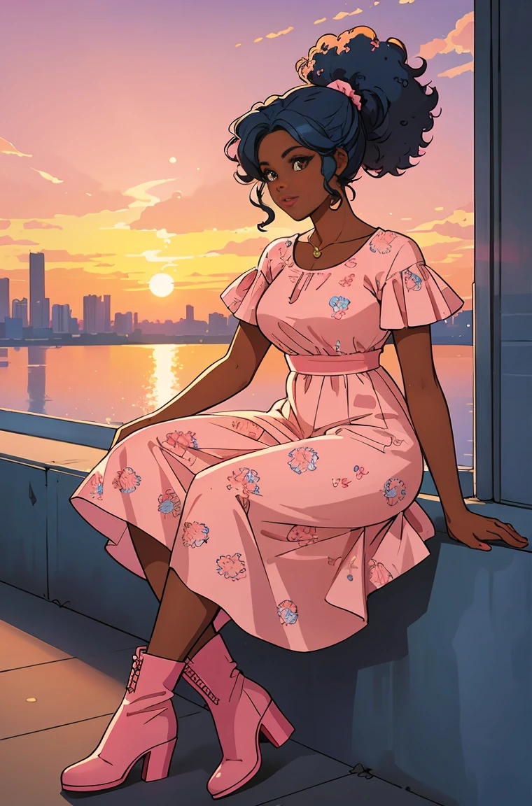 (best quality:1.1),original,1girl,chic,trendy,afro,dark skin,makeup,1970's, blue hair, brown eyes An illustration of african american woman with natural hair, in the style of ross tran, a pink dress with a cute cloud print and cute pink boots, a gorgeous woman with extremely long hair in a ponytail with bangs, sitting on a soft pink cloud looking at a distant magical city far beneath her, at sunset --ar 2:3 --v 6.0 pink and orange, jessica drossin, bold block prints, michael malm, bold yet graceful, bold traditional