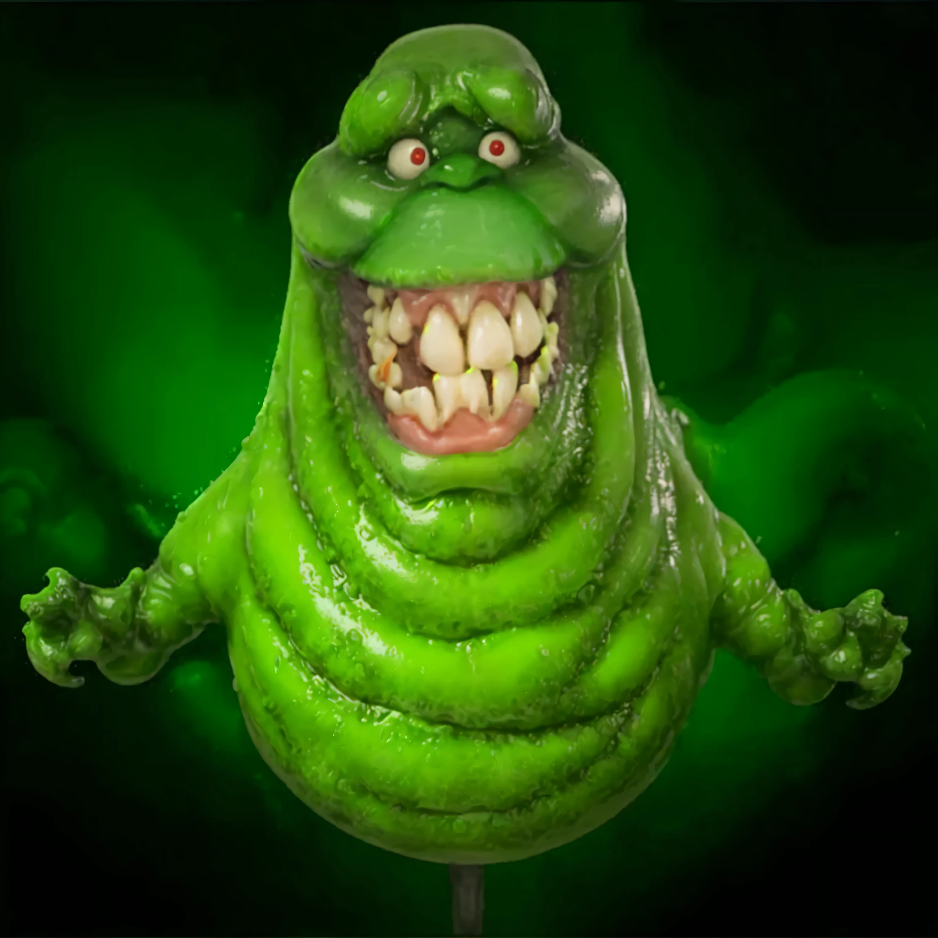 a close up, photograph, masterpiece of a green creature face perfectly defined, with a toothy smile, slimmer, ghostbusters character, 90s CGI, slimy and gelatinous slimy, gelatinous with a smile, grimace, fat and ripped creature, slime monster