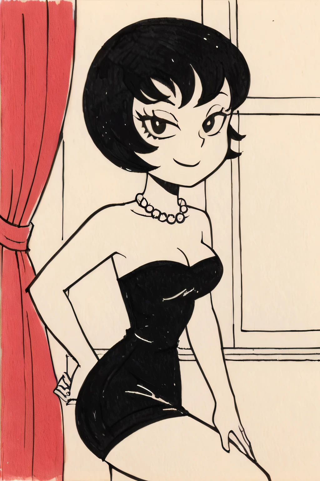 Jucika, traditional media, black eyes, black hair, short hair, flat color, solid color, colored skin, zPDXL, best quality, amazing quality, score 9, 1girl, collarbone, strapless black tube dress, pearl necklace, hand on hip, looking at viewer, half-closed eyes, a bedroom with pink curtains and a blue night skies with stars in the window, seductive smile, a crescent moon