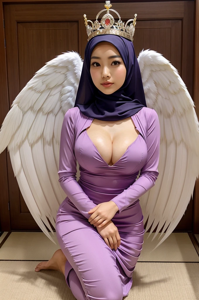 Beautiful japanese princess wearing a hijab and tight dress showing cleavage, and long legs with crown and angelic wings 