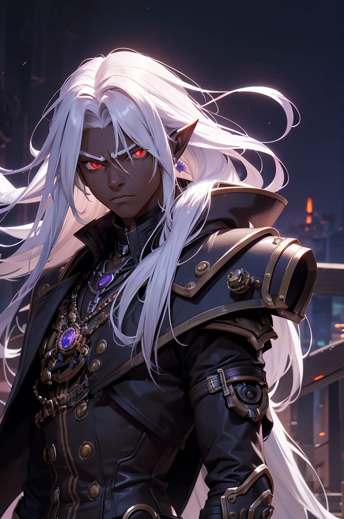 masterpiece, best quality, ultra high res, dark theme, 1boy, (mechanical armor), (steampunk), (serious), dark skinned, human, upper body, portrait, red eyes, long white hair, Xemnas from Kingdom Hearts, half-drow, pointy ears, serious face, dramatic lighting, purple hue, art by Kinema Citrus