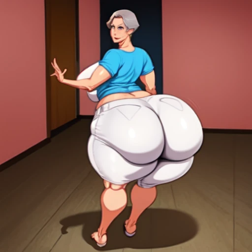 Mature grandmother, very wide , , huge , largest haunches, looking back, looking at viewer, short shorts, t-shirt, large , super detailed face, grey hair, smile, lips, blue eyes, jiggly  ,full body