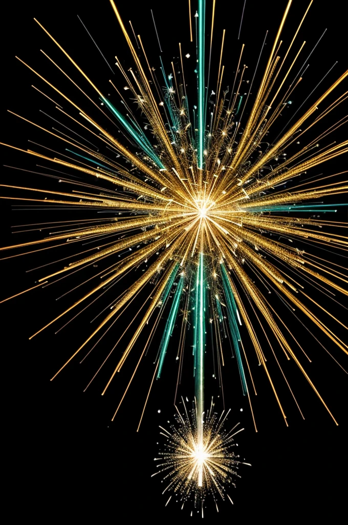 Visualize an explosive burst of fine powder in 3D, where each particle glows with a metallic sheen. Make a clear glass of shiny bulb in the middle, surrounded by this explosive burst. The colors should spread dynamically across a solid black backdrop, creating a striking contrast and emphasizing the brilliance of the metallic elements.