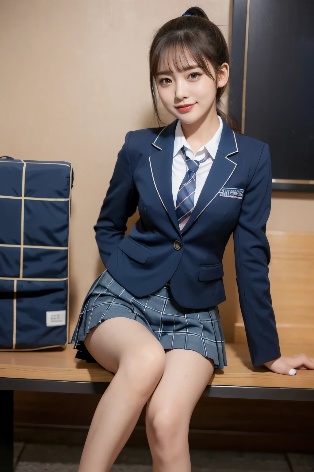(8k), (highest quality: 1.2), (Realistic), (Realistic: 1.37), Ultra-high resolution, (1 girl), cute, blush,Embarrassed smile, Beautiful details, Beautiful Nose, straight Hair, Giant Dulcefo, pork, Thighs,Self Snap,University Uniforms,(A simple dark blue blazer:1.4),(Pleated skirt:1.2),(The skirt and tie are black tartan check pattern.:1.3),(Sitting:1), Sit on the bench,(Hold my feet:1),(Shiny 太い legs:1.2),from the front,knees
