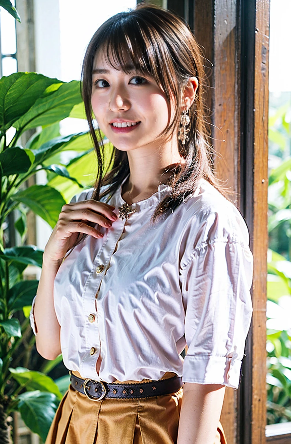 （（Cream hair color、砂浜でsmileで撮影:1.4））、Sleeveless、Outdoor shots、Cute clothes、Tie your hair、Cream hair color、Leather Belt、Her huge breasts are obvious even through her clothes..、Small earrings、Light brown hair color、Tie your hair:1.4））、Shiny Hair、Light beige hair color、Background Blur、Braid only the front hair、Light brown hair、｛｛Cowgirl Shot｝｝、（（Close-up shot from the waist up、Big Breasts:1.4））、Big Breasts、にっこりsmile、Silk clothing、服からでも分かるBig Breasts、Braid only the front hair、Cowboy Shot、A gorgeous white collared silk shirt and a brown skirt、Elegant attire、Luxury Bags、素敵なsmile、（（Revealing clothing））、Full body photo、ring、Short skirt、Tuck your hair behind one ear、Silver Necklace、smile、 Elegant ponytail、Caustics、Highly detailed photos、Very beautiful and ideal short hair、Big Breasts、Super no makeup、(8K、RAW Photos、Highest quality、masterpiece:1.2)、(Realistic、Realistic)、1 Girl、((Big Breastsショートヘア、Looking into the camera:1.4))、Hair blowing in the wind
