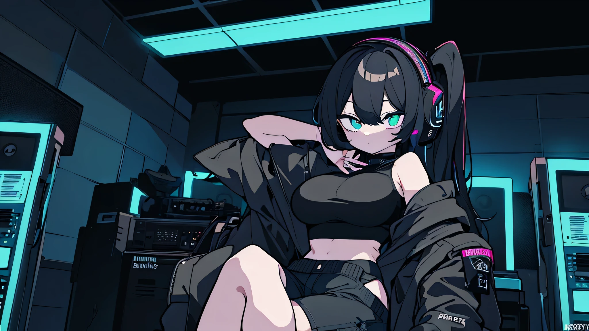 Best quality, (masterpiece:1.2), best detail face, 1 girl, big breasts, 18 yo, 8k,absurdres,unity 8k wall paper,(extremely detailed:1.3), highest realistic, (simple headphones:1.1), (soft neon light:1.1), (floating hair:1.2), (psychedelic:1.2), Her room full of music equipment and plants, Leaning back on the chair with a casual attitude, Light clothing in summer, dark grey color palette, black hair
