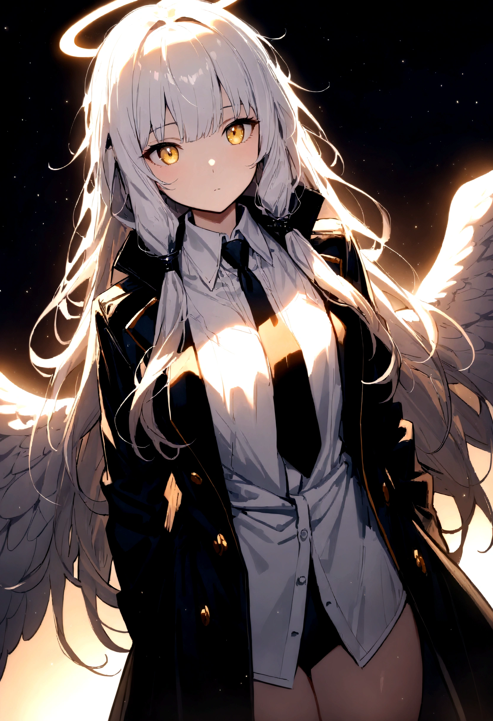 (masterpiece, best quality:1.3), (Extremely detailed:1.3), 1 girl, solitary, (White hair, Messy hair, Long hair), (Angel Wings, 天使Light环), flat chest, Yellow eyes, (White shirt, Black Tie, Black coat, Open coat), Cowboy shooting, Light, (((Glowing Light particles))), (Put your hands behind you), Dynamic Angle,