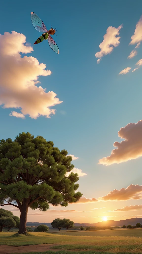 There is a beautiful dragonfly and a gentle breeze is blowing. Evening sunset landscape with no people　
