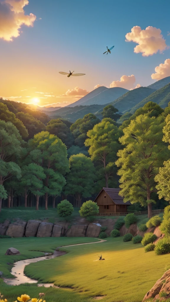 There is a beautiful dragonfly and a gentle breeze is blowing. Evening sunset landscape with no people　
