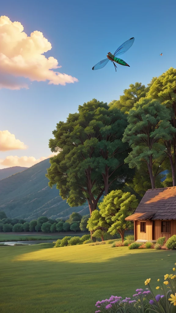 There is a beautiful dragonfly and a gentle breeze is blowing. Evening sunset landscape with no people