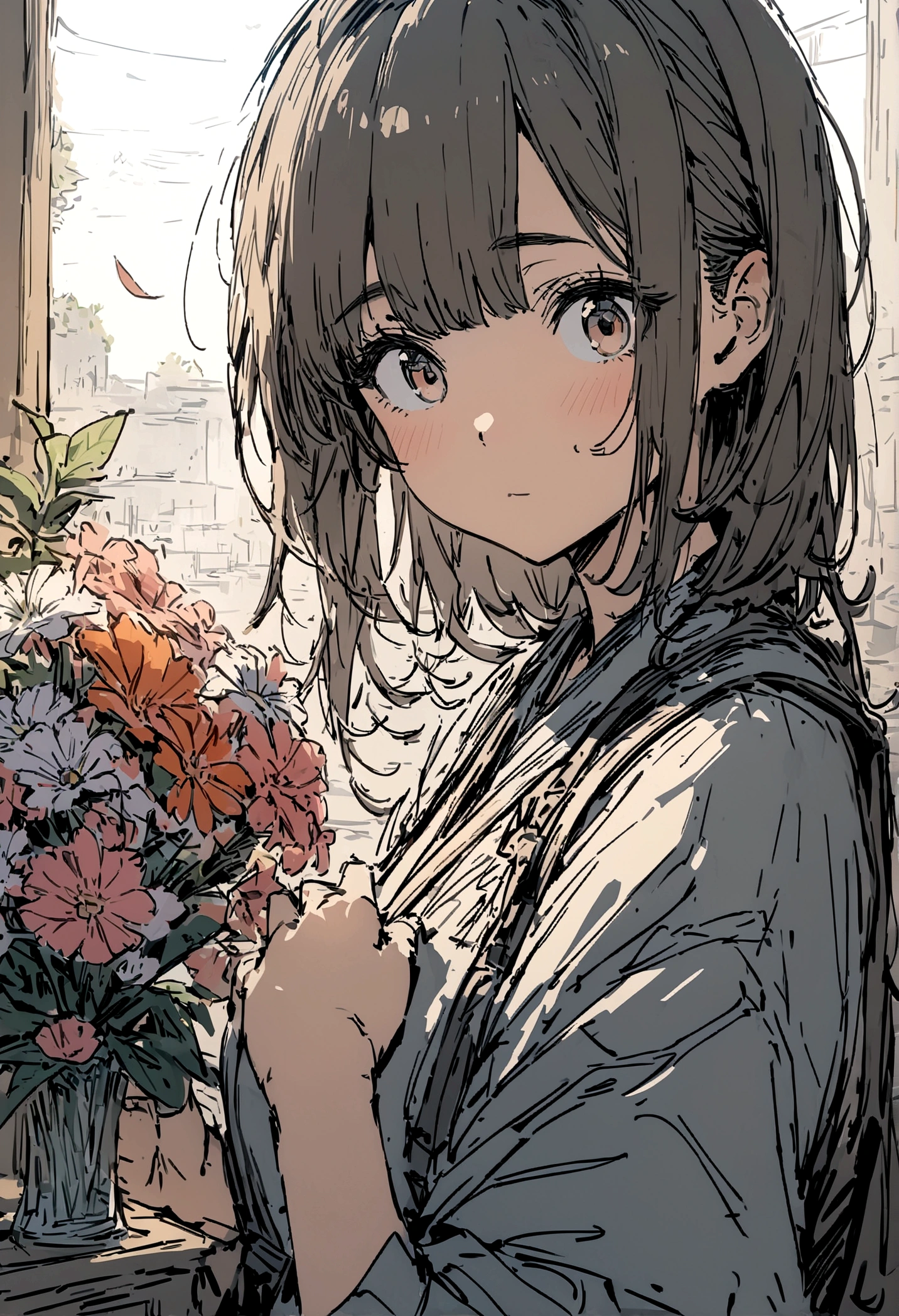 masterpiece,highest quality,ultra-detailed,high-definition background,8K,hi-res,high quality,BREAK,flower,girl, japanese manga style, sketch, Colored pencils.