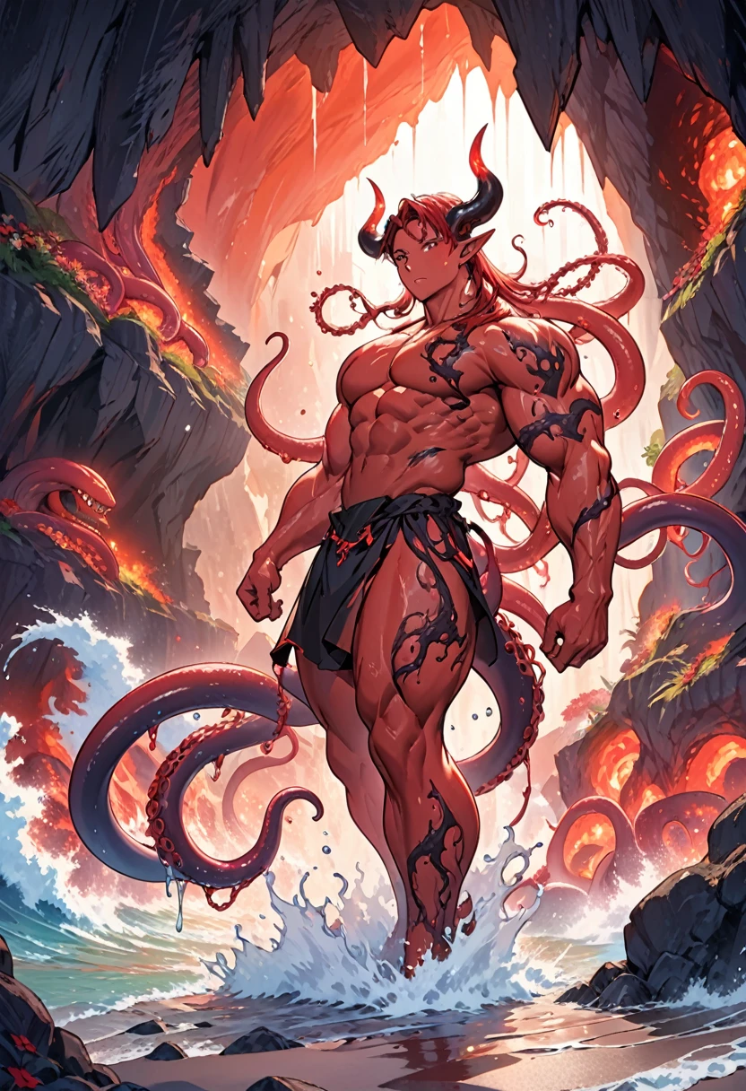 ((intricate design)) Top quality, 16K, High Definition, 16K splash art, high-res, ultra sharp, ((masterpiece)), the best quality, expressive eyes, perfect face, Super eyes, masterpiece, (((volumetric lighting))) (((natural lighting))) (((1Male))), ((muscular)), ((bodybuilder)), ((hyper pecs)), thighs, (((textured skin))) god of tentacles, sexy tentacles, tentacle humanoid man, humanoid bodybuilder, hyper pecs, glowing, god rays, melting, lava, volcano, melding, entangled, (((red skin))), Orange Body blushing, blood-red slimy tentacles, lava, liquid lava wet, red sea, monster, (((fully red skin tone))) (((in a lava cave))), elf ears, devilish horns, (((bloom))) silky royalty robes, eldritch magic, scythe,