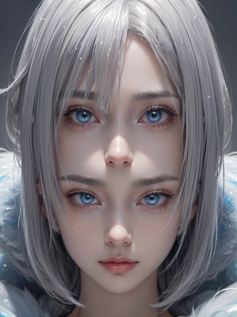 ((masterpiece)), ((best quality)), (ultra-detailed), ((extremely detailed)), 4K, (8K), best quality, a beautiful woman, ((beautiful light gray hair)), shiny hair, ((fluffy bob cut)), light blue eyes, 20 years old, (masterpiece, best quality, ultra high res:1.2), 1girl, (abstract art:1.3), half demon