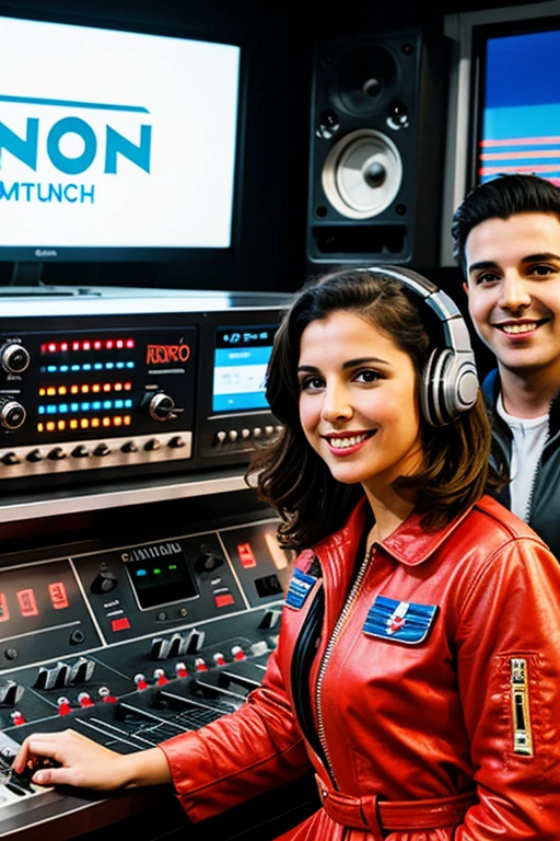 Design a radio station, where they meet a brunette lady, and a young man dressed as a pilot in a futuristic Denon mixer, in the background with a sign that says Despechados and radio Chismosa.