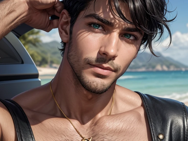 Close-up Quality (masterpiece1.2), (Best quality), (Intricate details)Male, 6'5, white, built, has big veiny hands. Tattoos that cover his neck, , arms, and back. has well-trimmed  hair, tan from the sun, groomed body hair on his arms, and  leading to a happy trail, Black hair that is short at the sides, longer at the top, Well-kept, Handsome, thin lips, sharp, defined, square jaw. Dimples, slightly crooked nose. Green eyes with hints of gold in the center. long eyelashes. Wearing blue jeans, black button up, dog tags, black leather riding boots