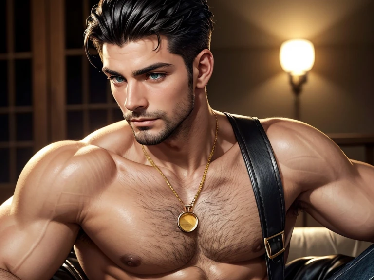 Close-up Quality (masterpiece1.2), (Best quality), (Intricate details)Male, 6'5, white, built, has big veiny hands. Tattoos that cover his neck, chest, arms, and back. has well-trimmed facial hair, tan from the sun, groomed body hair on his arms, and chest leading to a happy trail, Black hair that is short at the sides, longer at the top, Well-kept, Handsome, thin lips, sharp, defined, square jaw. Dimples, slightly crooked nose. Green eyes with hints of gold in the center. long eyelashes. Wearing blue jeans, black button up, dog tags, black leather riding boots