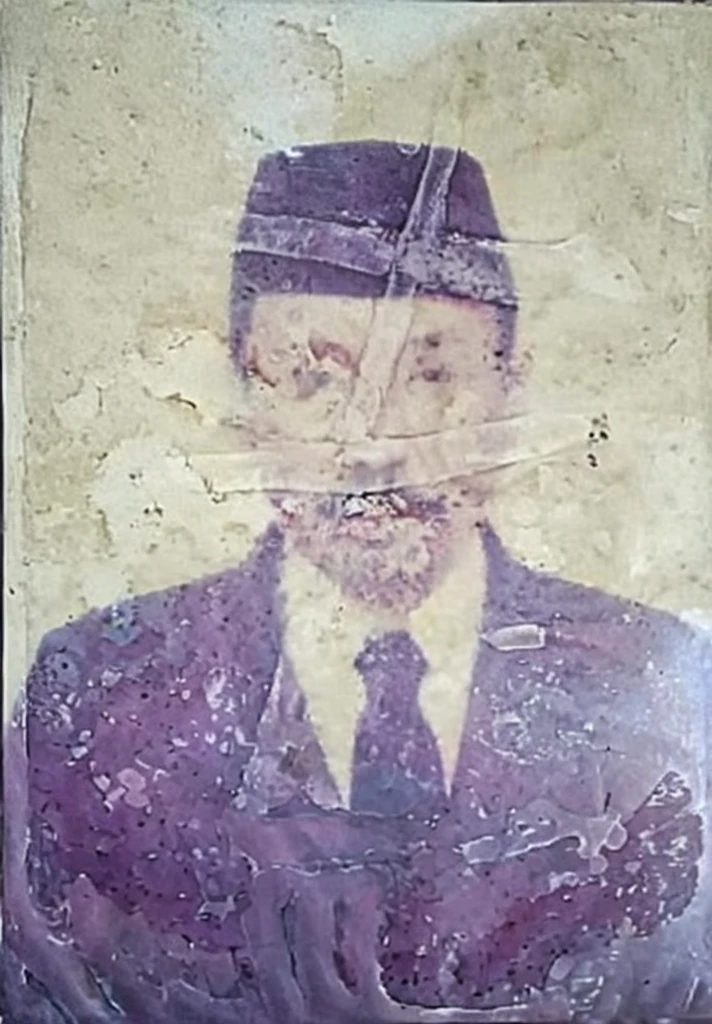 painting of a man in a suit and tie on a wall, old damagaed polaroid photo, damaged photo, rare classified photo, grainy damaged photo, photo of a man, old picture, a photo of a man, aged photo, taken in the early 2020s, raden saleh, ash thorp khyzyl saleem