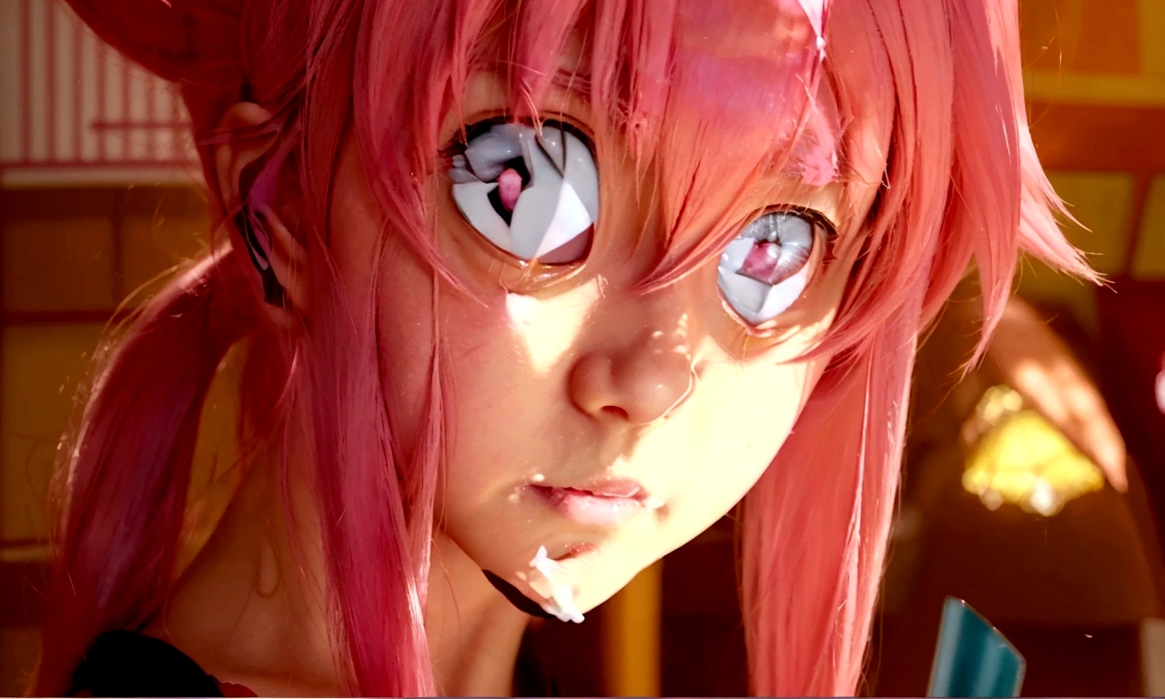 a woman with pink hair and pink eyes looks at the camera, Mirai Nikki, zero two, closeup of another iwakura, closeup of another iwakura, winax anime style, in the anime movie, screenshot from a 2012 anime, anime girl named gasai yuno, has a penetrating look, closeup of a young anime girl