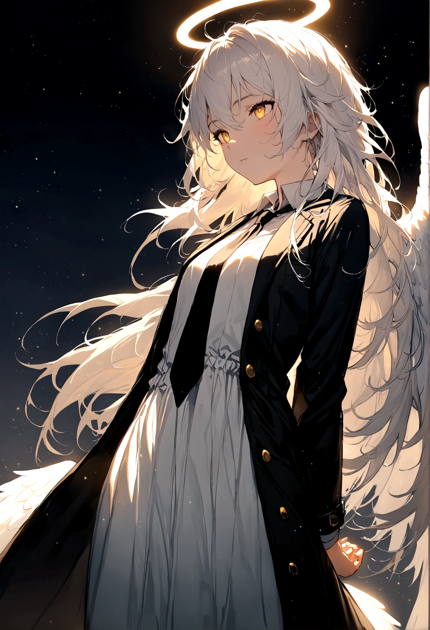 (masterpiece, best quality:1.3), (Extremely detailed:1.3), 1 Girl, Solitary, (White hair, Messy hair, Long hair), (Angel Wings, Angel Halo), flat chest, Yellow eyes, (White shirt, Black tie, Black coat, Open coat), Cowboy shooting, light, (((Glowing light particles))), (Put your hands behind your back), Dynamic Angle,