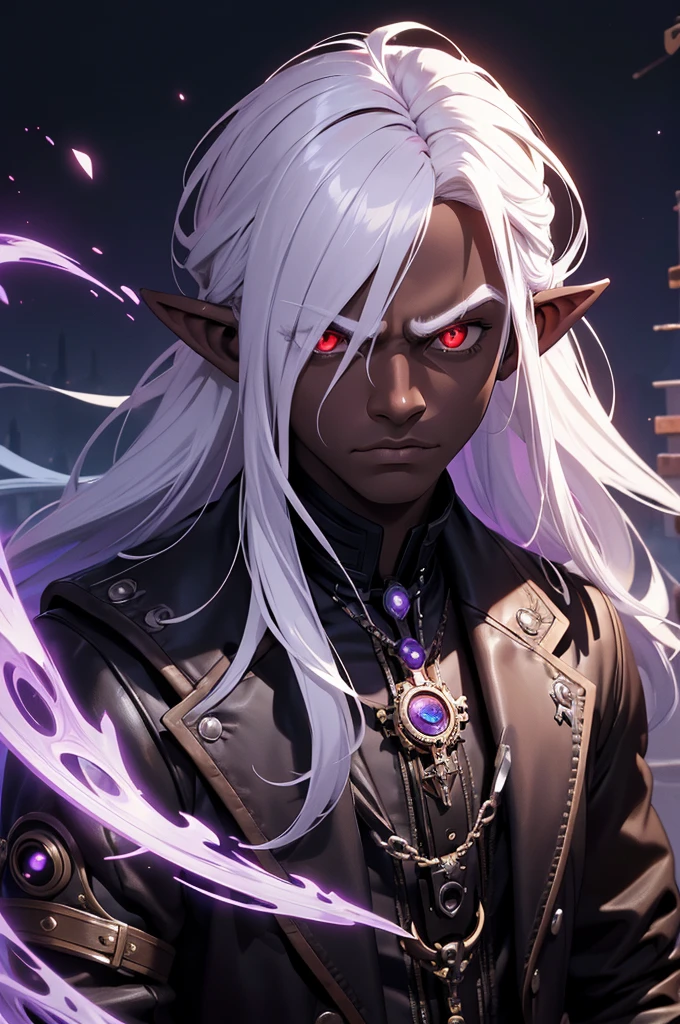 masterpiece, best quality, ultra high res, dark theme, 1boy, (steampunk), (serious), dark skinned, human, upper body, portrait, red eyes, long white hair, Xemnas from Kingdom Hearts, half-drow, pointy ears, serious face, dramatic lighting, purple hue, art by Kinema Citrus