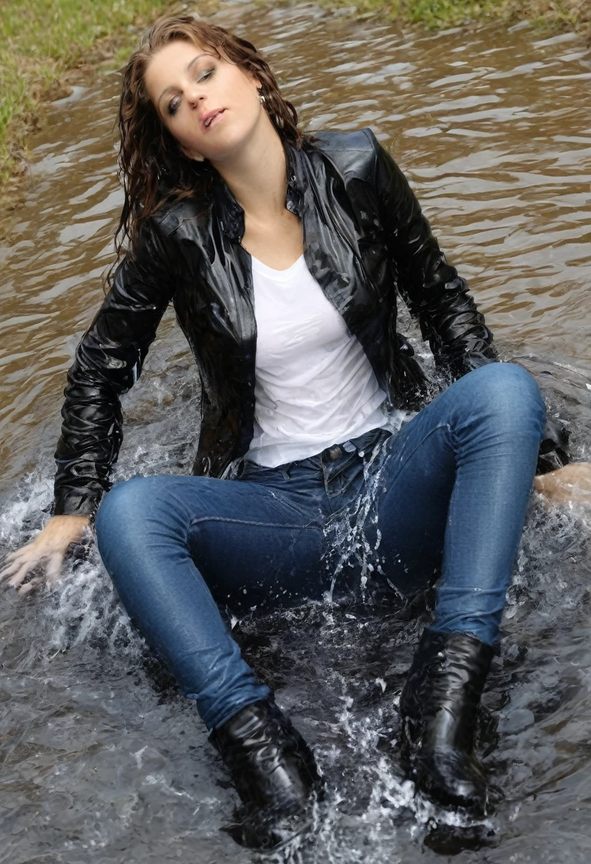 woman in a bathtub, black leather jacket wet look, bottom angle, blouse, jeans, boots,  in water, carnal, wet, slick!!