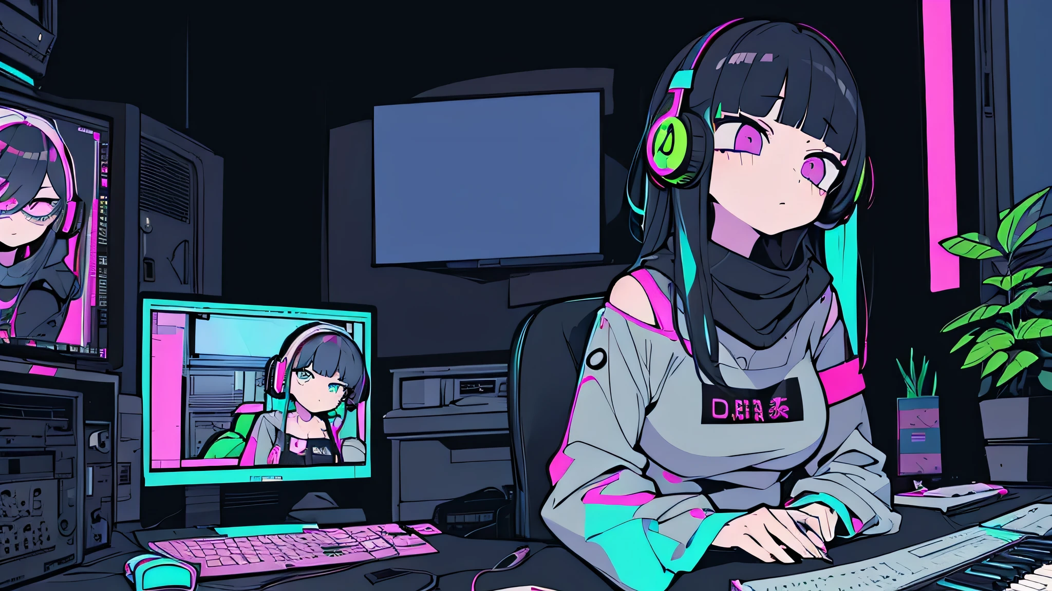 Best quality, (masterpiece:1.2), best detail face, 1 girl, big breasts, 18 yo, 8k,absurdres,unity 8k wall paper,(extremely detailed:1.3), highest realistic, (simple headphones:1.1), (soft neon light:1.1), (floating hair:1.2), (psychedelic:1.2), Her room full of music equipment and plants, Leaning back on the chair with a casual attitude, Light clothing in summer, dark grey color palette, black hair