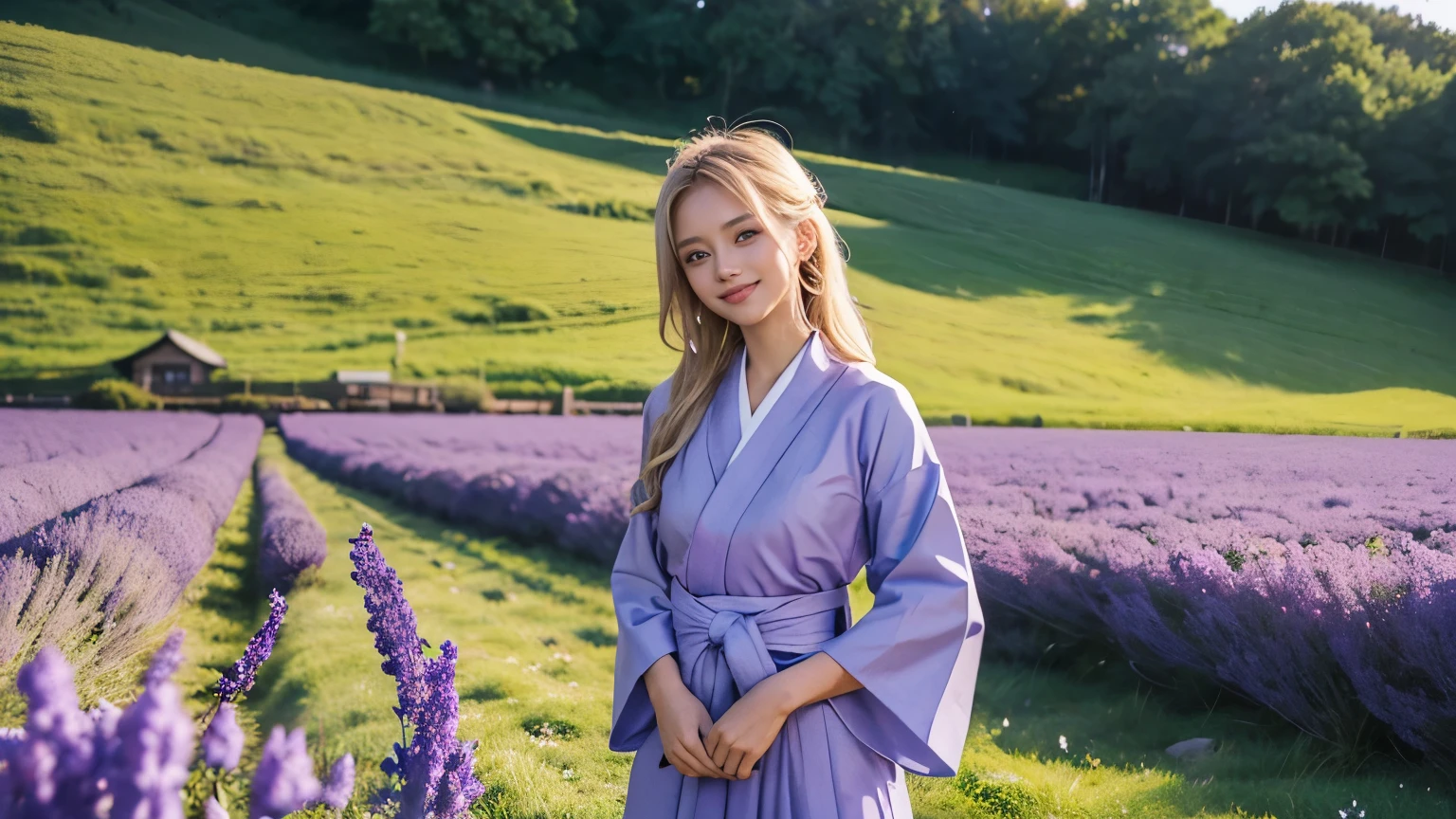 ((1 woman)), 25 years old. 25 years old. Skin: Tanned. Hair: Straight hair, light blonde. Eyes: Blue or green. Features: Energetic expression, bright smile. ((Wearing a purple Hakama )). In a beautiful field, sheeps in the background