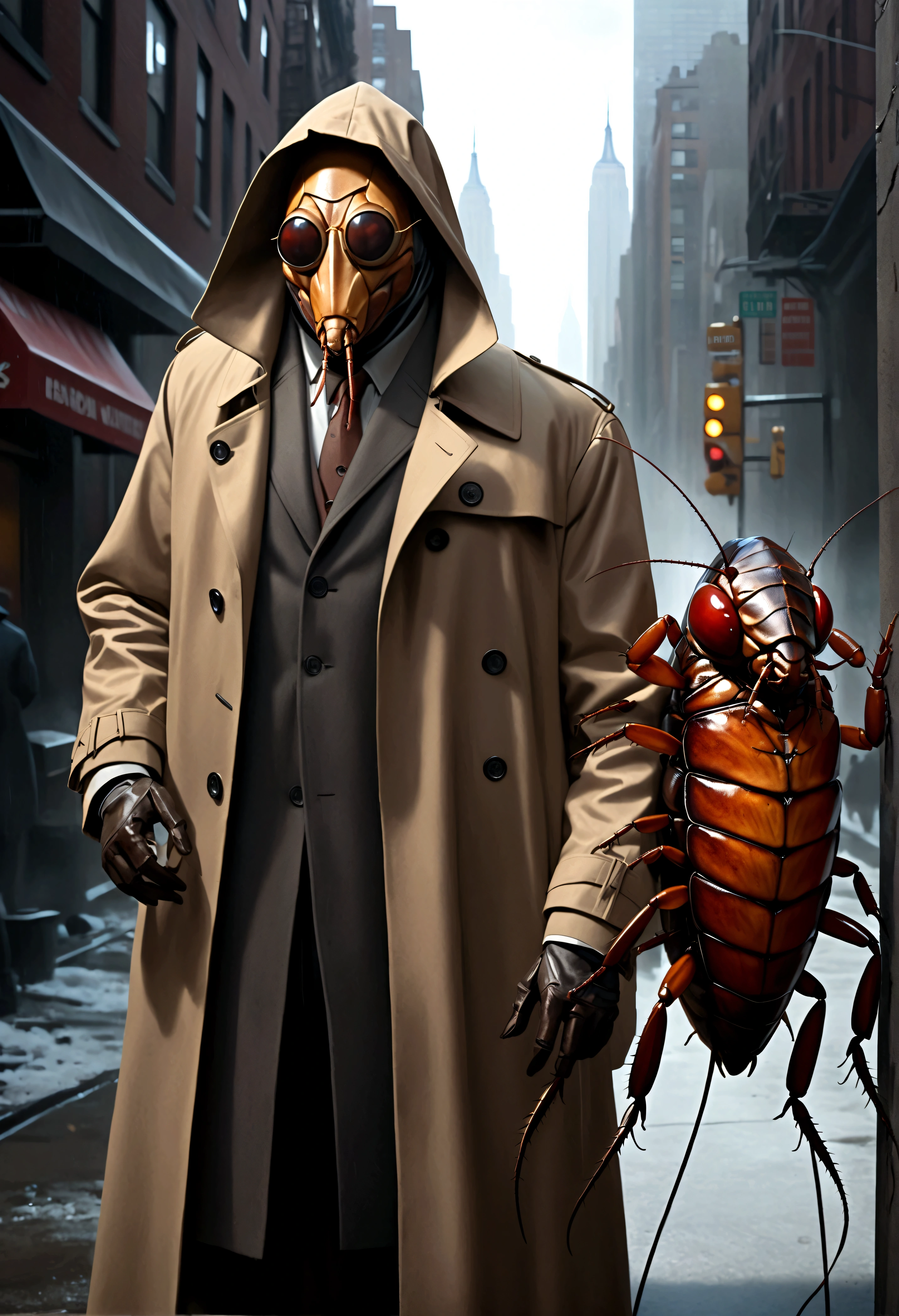a humanoid cockroach in a trench coat and a wax human mask, attempting to mimic humans in new york city, hyper-realistic, cinematic lighting, moody, dark, gritty, cyberpunk, intricate details, award-winning concept art, 8k, photorealistic, masterpiece