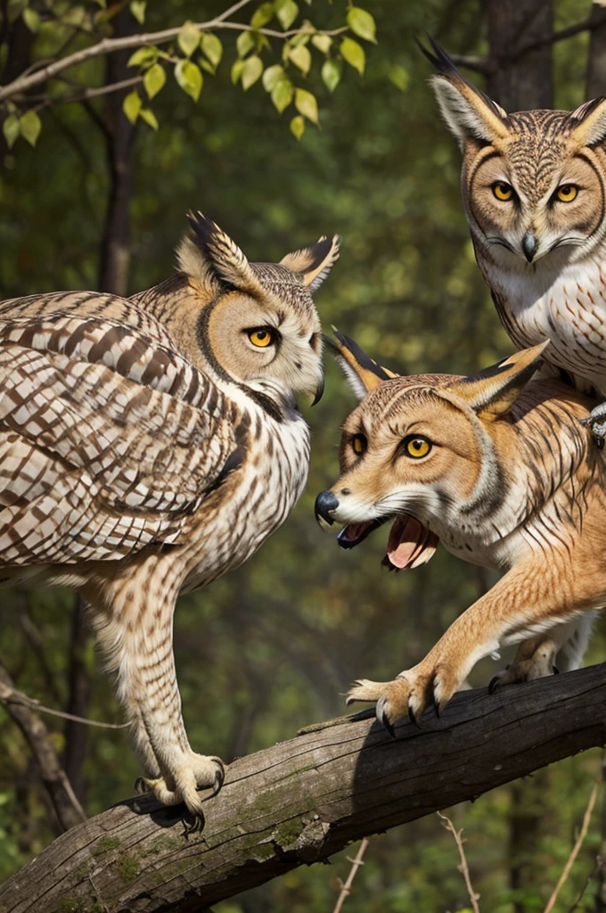 An owl hunting a fox