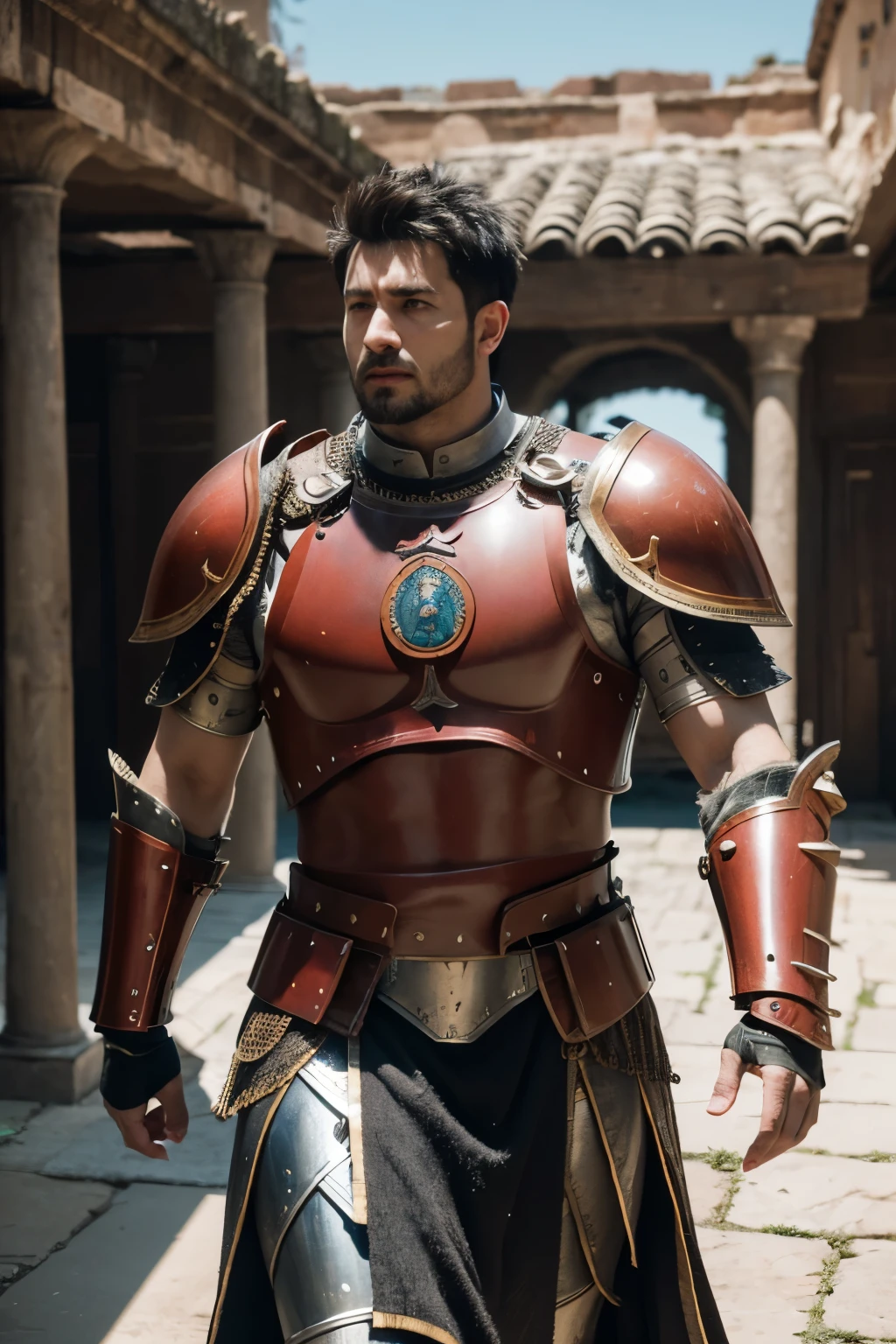 arafed full boy a strong man in armor with a red mohawk stands in a courtyard, roman centurion, ares with heavy armor and sword, realistic face, realistic eyes, realistic mouth, roman legionnaire, dressed in roman armour, dressed in spartan armour, maximus jacobs, traditional roman armor, roman armor, in thick full bronze armour, fantasy warrior, unreal engine 5 4 k uhd image, spartan, roman, unreal engine 5 quality, vivids, UHD, 8k