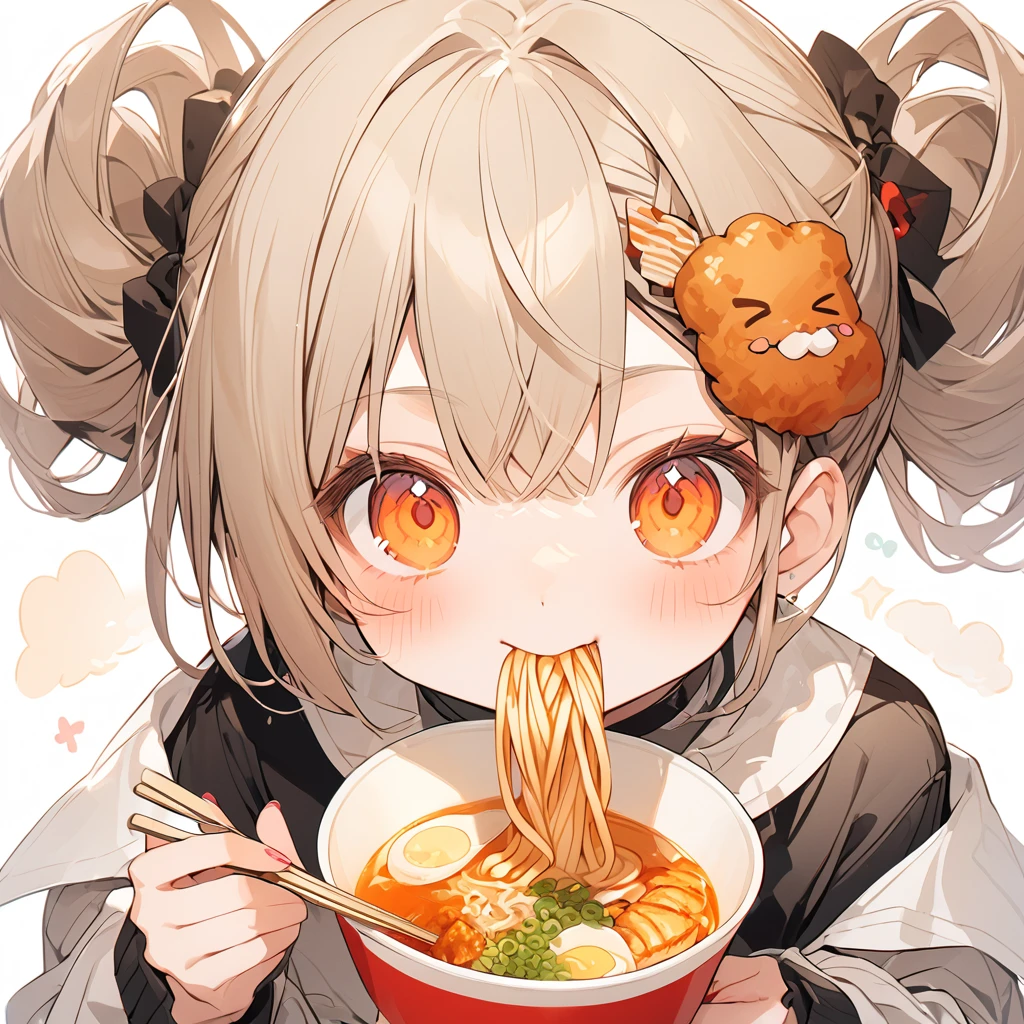 A with a slurping ramen. Fried chicken hair ornament is delicious