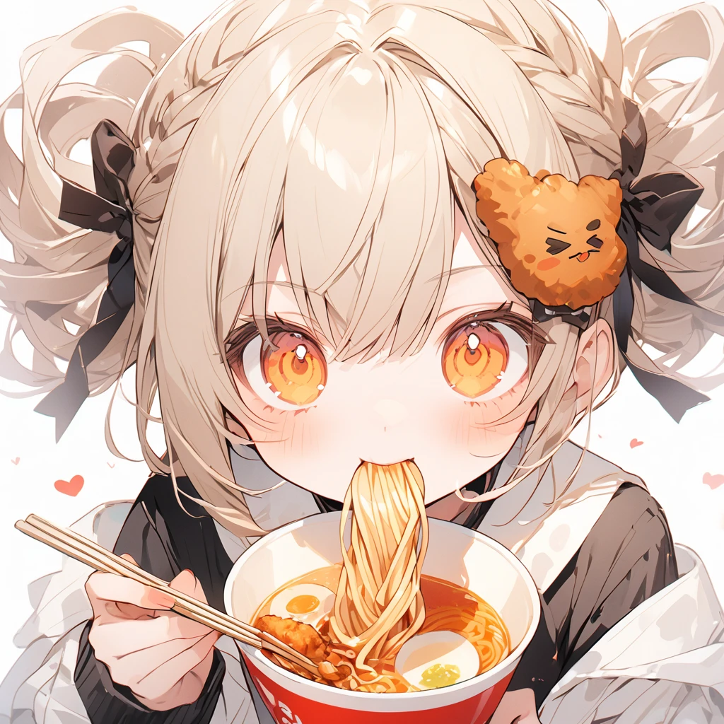 A with a slurping ramen. Fried chicken hair ornament is delicious