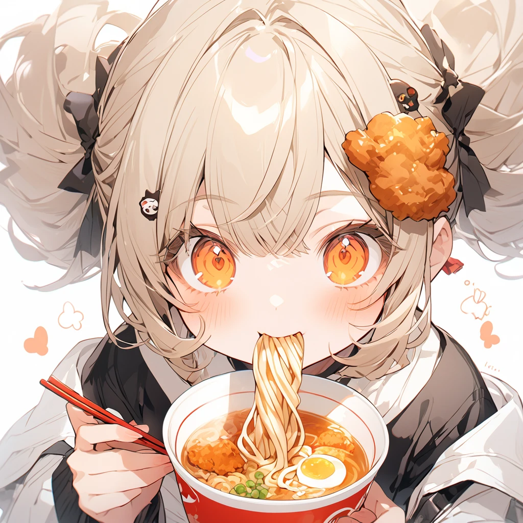 A with a slurping ramen. Fried chicken hair ornament is delicious