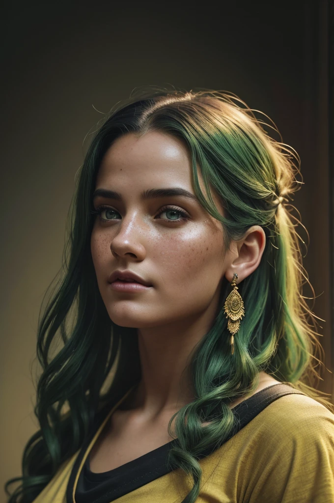 Pretty girl, light skin, green hair, brown hair roots, yellow eyes, black earrings, wearing black t-shirt, digital painting, digital illustration, extreme detail, digital art, 4k, ultra hd, Anna Dittmann, Alyssa Monks, Gustave Dore, Jean Baptiste Monge, hyperrealism, trending on artstation, vintage photography, tumblr aesthetic, DnD fantasy, hd photography, hyperrealism, light freckles, beautiful, intricate