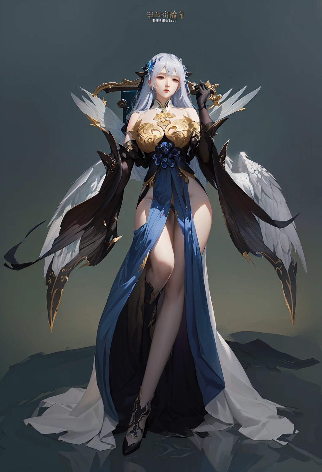 Close-up of woman in long dress with wings, Epic and beautiful character art, Beautiful full body concept art, feng zhu concept art, A complete portrait of an elementalist, Onmyoji detailed art, Dark Witch Panorama, The Queen of Change, author:Yang J, Full body fairy, Demon's Souls concept art, Stunning character art