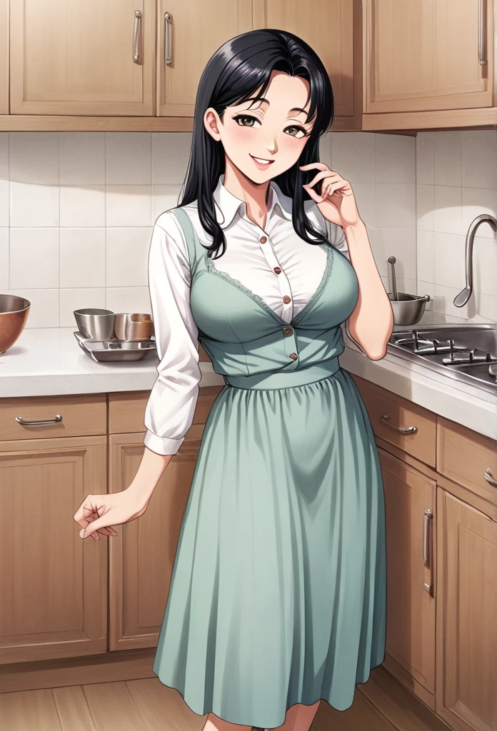 detailed illustration (side view),dynamic angle,ultra-detailed, illustration, pose for the camera, smiling at viewer, clean line art, shading, anime, 2020’s anime style, detailed eyes, detailed face, beautiful face,
Anime, 2d anime, cartoon anime, detailed illustration, dynamic angle, ultra-detailed, illustration, full body shot, 1girl, night time, 1950’s stay at home wife, button up blouse and long skirt, anime half closed eyes. A knowing smile, standing in kitchen, domestic goddess, black haired American woman, well endowed, wholesome yet sexy, motherly, nurturing, MILF