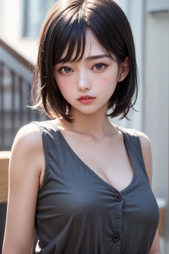 (1 nogizaka girl,raw photo,photo realistic:1.5),(best quality, high quality,HDR, highest quality,ultra high resolution,high resolution,high res,ultra high difinition,huge file size,8K,2K wallpaper,8K wallpaper,high quality texture,amazing,an extremely delicate:1.4),one girl, Japanese famous idol,beautiful face,small face,absurd,ridiculous,incredibly ridiculous,blurry background,(sundress,short hair,cleavage,no makeup:1.2),medium skin,beautiful skin,detailed skin,black hair,silky hair,detailed eyes,black eyes,Japanese nose,5-fingers,(Light Particles, Lens Flare, Luminous Particles: 0.7),looking at viewer,bright lighting,professional lighting,girl