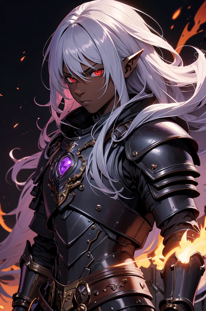 masterpiece, best quality, ultra high res, dark theme, 1boy, (dungeonpunk armor), (mechanical steampunk armor), (wearing armor)fantasy illustration, dark skinned, human, upper body, portrait, red eyes, long white hair, half-drow, pointy ears, serious face, young man, dramatic lighting, purple hue, art by Kinema Citrus