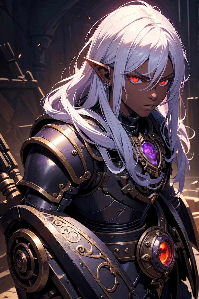masterpiece, best quality, ultra high res, dark theme, 1boy, (dungeonpunk armor), (mechanical steampunk armor), (wearing armor)fantasy illustration, dark skinned, human, upper body, portrait, red eyes, long white hair, half-drow, pointy ears, serious face, young man, dramatic lighting, purple hue, art by Kinema Citrus