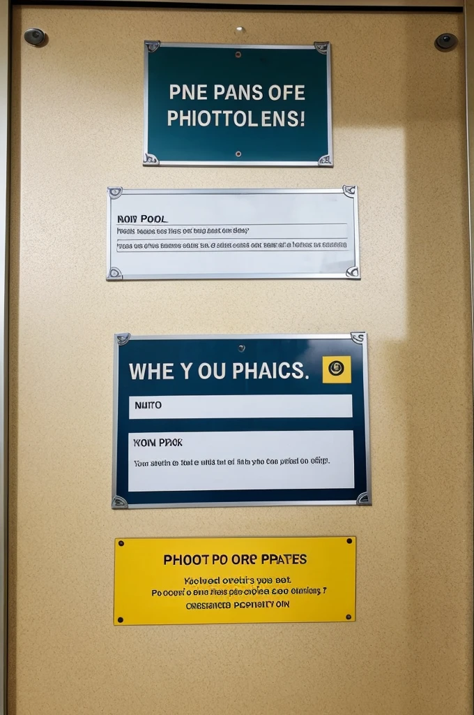 A notice board where it says no photos allowed in office premises please be careful only 1 warning will be give and then they will be terminated! Do not use phone inside the office