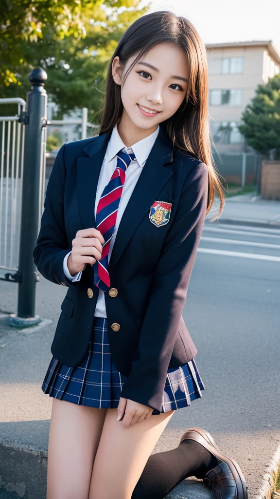 Mix 4, (16k, RAW Photos, Best image quality, masterpiece: 1.45), (Realistic, Photorealistic: 1.37), One Girl,Big smile ,16 years old,Duck mouth, Cityscape,, Professional Lighting, Photon Mapping, School classroom, Physically Based Rendering, Dark brown hair,Ponytail hairstyle, Beautifully groomed eyes、((double eyelid))、Super cute girl, (((school uniform、blazer、Long-sleeved shirts worn by Japanese high school girls、Ribbon tie、Navy blue super super mini skirt,、Dark blue socks、Black Loafers))), Highest quality photos, High resolution, 1080p, (Clear Face), (Detailed facial depiction), (Detailed description of the hand), (masterpiece), (Detailed CG)、Extreme light and shadow、Messy Hair、masterpiece、Rich details、(Detailed facial features)、(Top quality photoassessed muscle parts)、(Detailed eyes)、Look in front of you、Thin clavicle、((Thin and large))、(((Japanese high school girls wear long-sleeved shirts)))、((A proper idol))、((school gate、Schoolyard、School building in the background))、(Take photos from random perspectives)、(((Anyway it is&#39;s cute)))、Earrings、Big smile、Drawing the whole body from the knees、Don&#39;t draw thin lines、(((Sports bags used by Japanese female students)))、(Small breasts:1.2)、Firm little ass、Two arms and two legs、(((from the front:0.7)))、bare hands、(((Symmetrical eyes)))、Standing pose、Place your hands on the desk、Please do not remove the tie from the jacket､Beautiful thighs,Knee-high tights,A young and cute gravure idol,