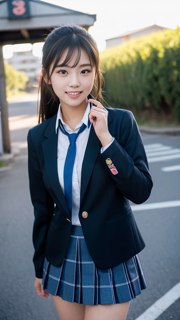 Mix 4, (16k, RAW Photos, Best image quality, masterpiece: 1.45), (Realistic, Photorealistic: 1.37), One Girl,Big smile ,16 years old,Duck mouth, Cityscape,, Professional Lighting, Photon Mapping, School classroom, Physically Based Rendering, Dark brown hair,Ponytail hairstyle, Beautifully groomed eyes、((double eyelid))、Super cute girl, (((school uniform、blazer、Long-sleeved shirts worn by Japanese high school girls、Ribbon tie、Navy blue super super mini skirt,、Dark blue socks、Black Loafers))), Highest quality photos, High resolution, 1080p, (Clear Face), (Detailed facial depiction), (Detailed description of the hand), (masterpiece), (Detailed CG)、Extreme light and shadow、Messy Hair、masterpiece、Rich details、(Detailed facial features)、(Top quality photoassessed muscle parts)、(Detailed eyes)、Look in front of you、Thin clavicle、((Thin and large))、(((Japanese high school girls wear long-sleeved shirts)))、((A proper idol))、((school gate、Schoolyard、School building in the background))、(Take photos from random perspectives)、(((Anyway it is's cute)))、Earrings、Big smile、Drawing the whole body from the knees、Don't draw thin lines、(((Sports bags used by Japanese female students)))、(Small breasts:1.2)、Firm little ass、Two arms and two legs、(((from the front:0.7)))、bare hands、(((Symmetrical eyes)))、Standing pose、Place your hands on the desk、Please do not remove the tie from the jacket、Beautiful thighs,Knee-high tights,A young and cute gravure idol,