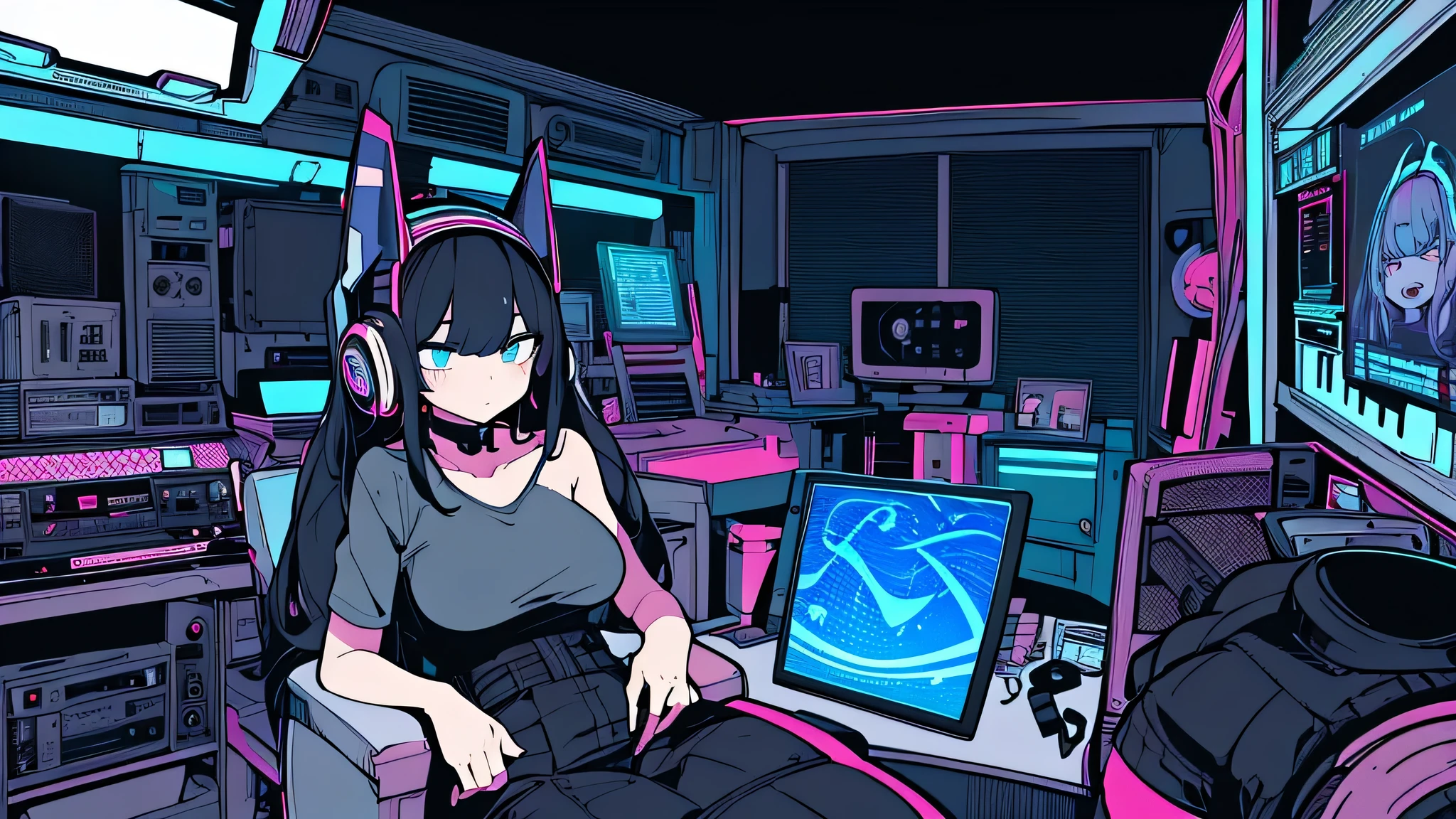 Best quality, (masterpiece), best detail face,1 girl, big breasts, 18 yo, 8k,absurdres,unity 8k wall paper,(extremely detailed:1.3), highest realistic, (retro headphones:), (soft neon light:), (psychedelic), Her room full of music equipment and records, sports wear , See the whole room , pony tail hair