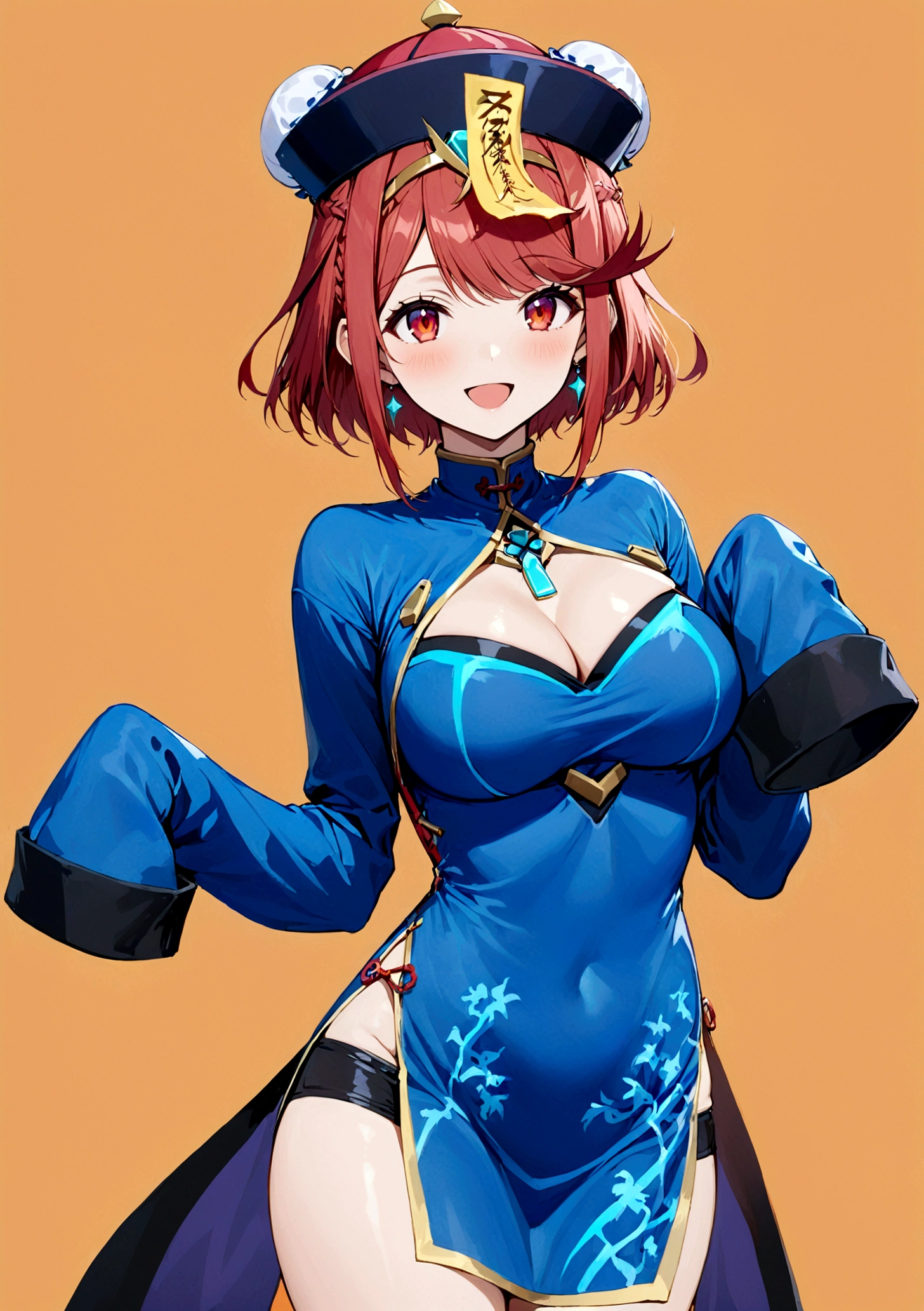 1girl, solo, long hair, breasts, looking at viewer, smile, short hair, open mouth, bangs, large breasts, simple background, red eyes, long sleeves, hat, dress, cleavage, jewelry, braid, :d, red hair, cowboy shot, earrings, alternate costume, hair bun, sleeves past wrists, clothing cutout, double bun, swept bangs, chinese clothes, short dress, cleavage cutout, tiara, china dress, sleeves past fingers, halloween, braided ponytail, ofuda, orange background, bun cover, jiangshi, chest jewel, qing guanmao, pyra \(xenoblade\)