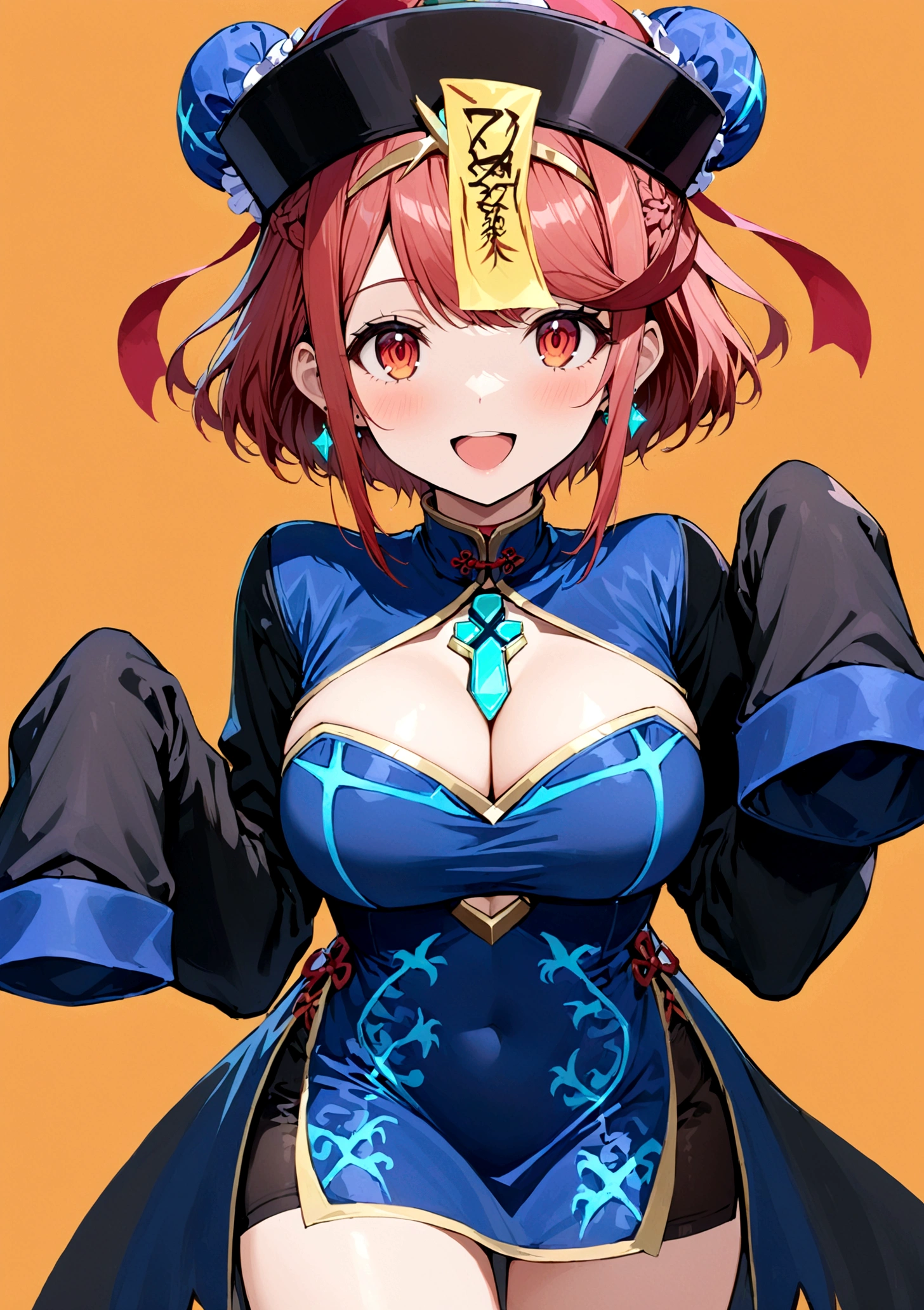 1girl, solo, long hair, breasts, looking at viewer, smile, short hair, open mouth, bangs, large breasts, simple background, red eyes, long sleeves, hat, dress, cleavage, jewelry, braid, :d, red hair, cowboy shot, earrings, alternate costume, hair bun, sleeves past wrists, clothing cutout, double bun, swept bangs, chinese clothes, short dress, cleavage cutout, tiara, china dress, sleeves past fingers, halloween, braided ponytail, ofuda, orange background, bun cover, jiangshi, chest jewel, qing guanmao, pyra \(xenoblade\)