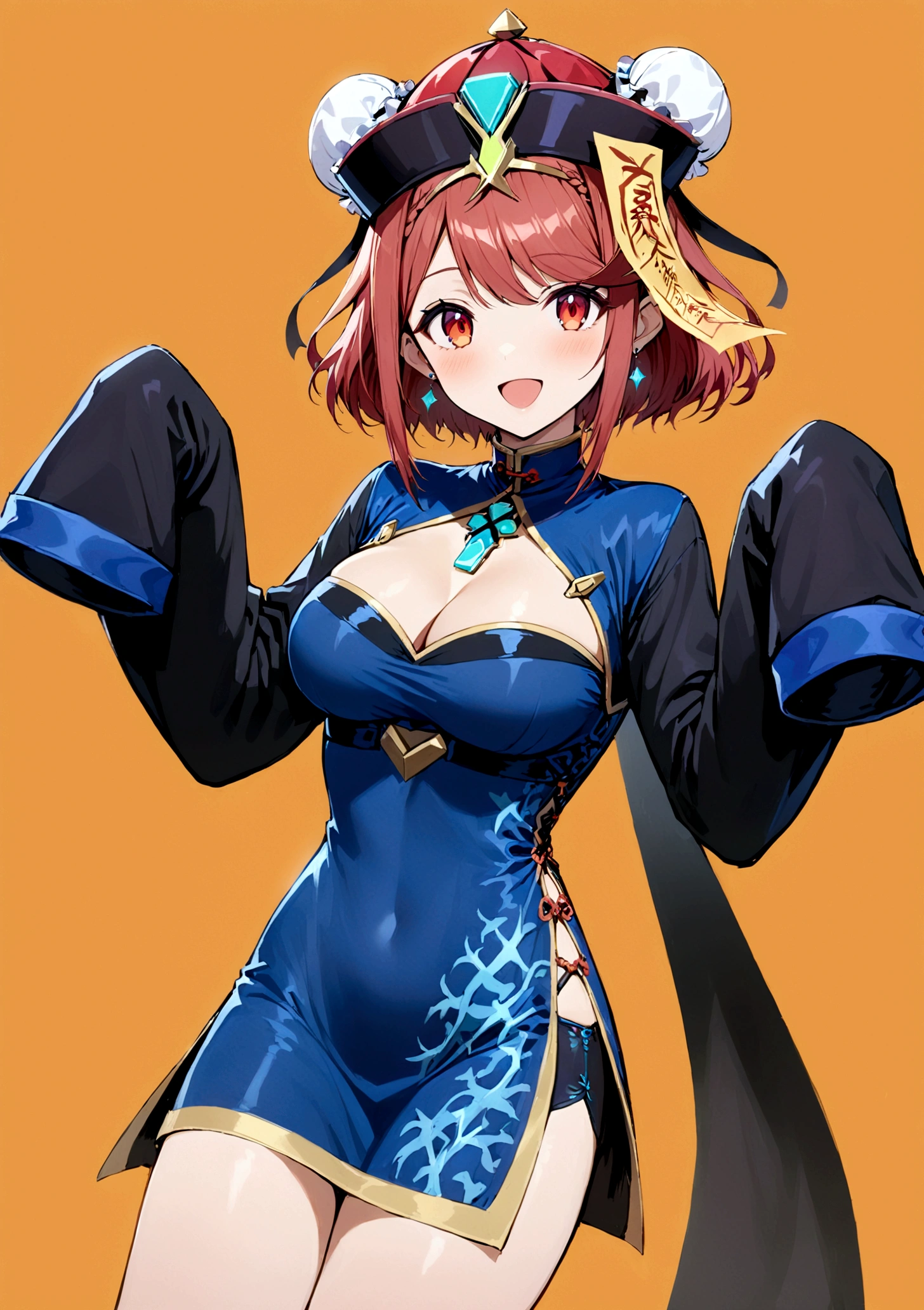 1girl, solo, long hair, breasts, looking at viewer, smile, short hair, open mouth, bangs, large breasts, simple background, red eyes, long sleeves, hat, dress, cleavage, jewelry, braid, :d, red hair, cowboy shot, earrings, alternate costume, hair bun, sleeves past wrists, clothing cutout, double bun, swept bangs, chinese clothes, short dress, cleavage cutout, tiara, china dress, sleeves past fingers, halloween, braided ponytail, ofuda, orange background, bun cover, jiangshi, chest jewel, qing guanmao, pyra \(xenoblade\)